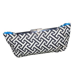 Excellent Condition Black and White Canvas Clutch with Bright Blue Interior
